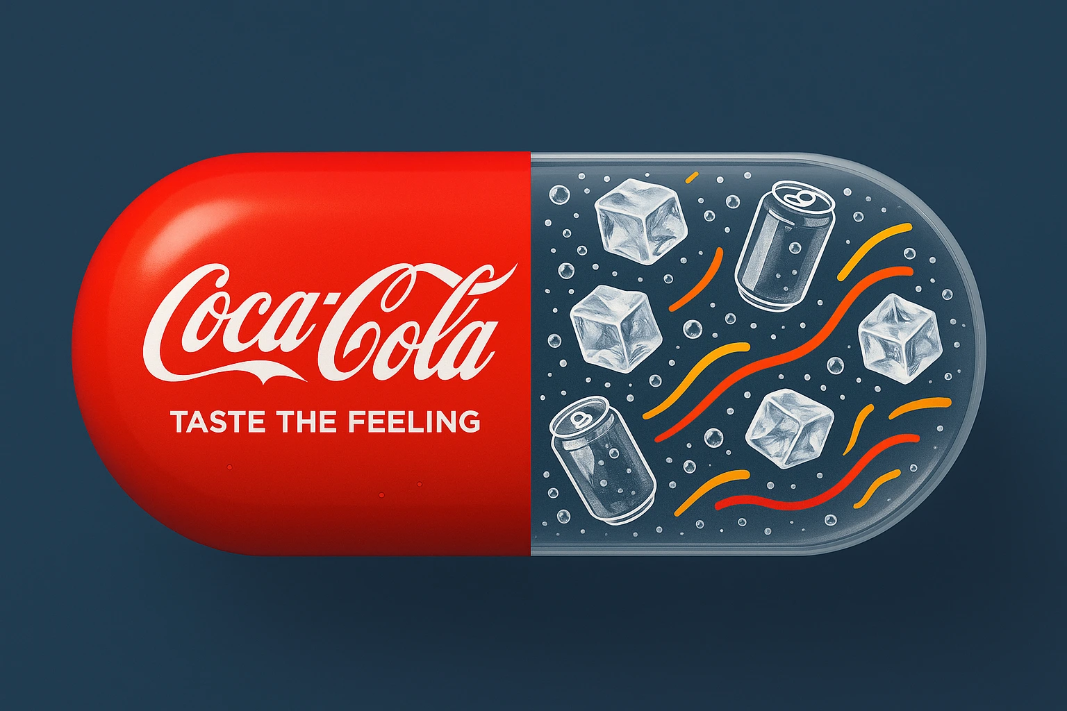 A sleek, dynamic, and eye-catching capsule floats horizontally. Its left half is in the iconic Coca-Cola red, featuring the words "Coca-Cola – Taste the Feeling" along with the classic Coca-Cola script logo.The right half is transparent, filled with floating ice cubes, effervescent bubbles, hand-drawn soda can icons, and abstract vibrant lines symbolizing joy and refreshment, all set against a background color.