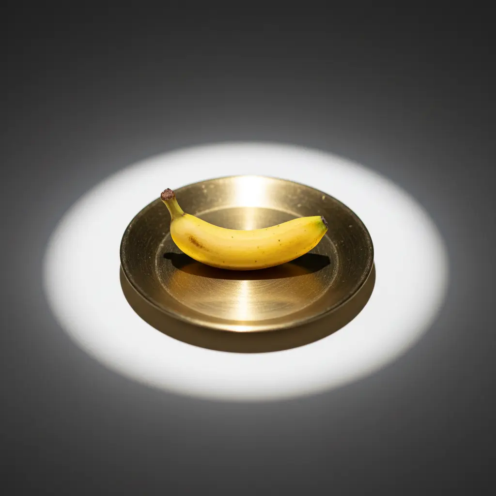 A luxurious nano-sized banana placed delicately on a golden plate, dramatic spotlight, premium studio photography, minimalistic background, ultra sharp focus.
