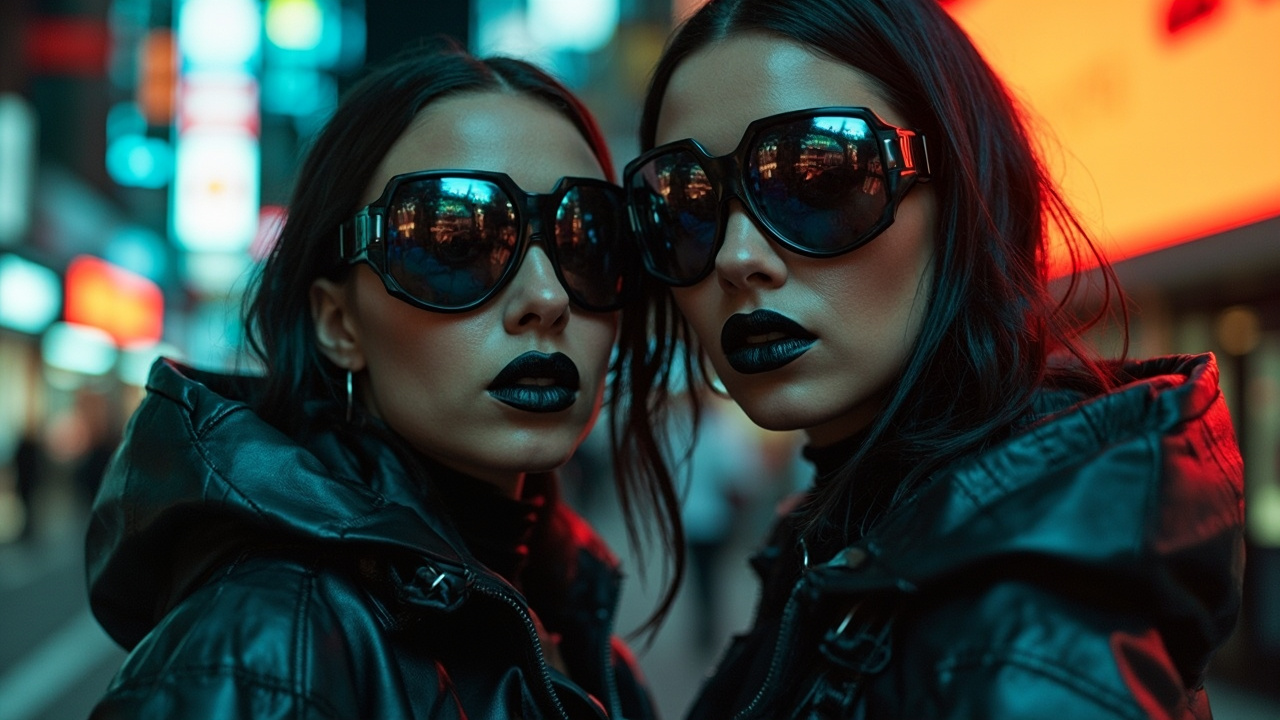 A pair of woman with black lipstick and futuristic eyewear wearing a matte leather techwear outfit is depicted in the style of street fashion photography