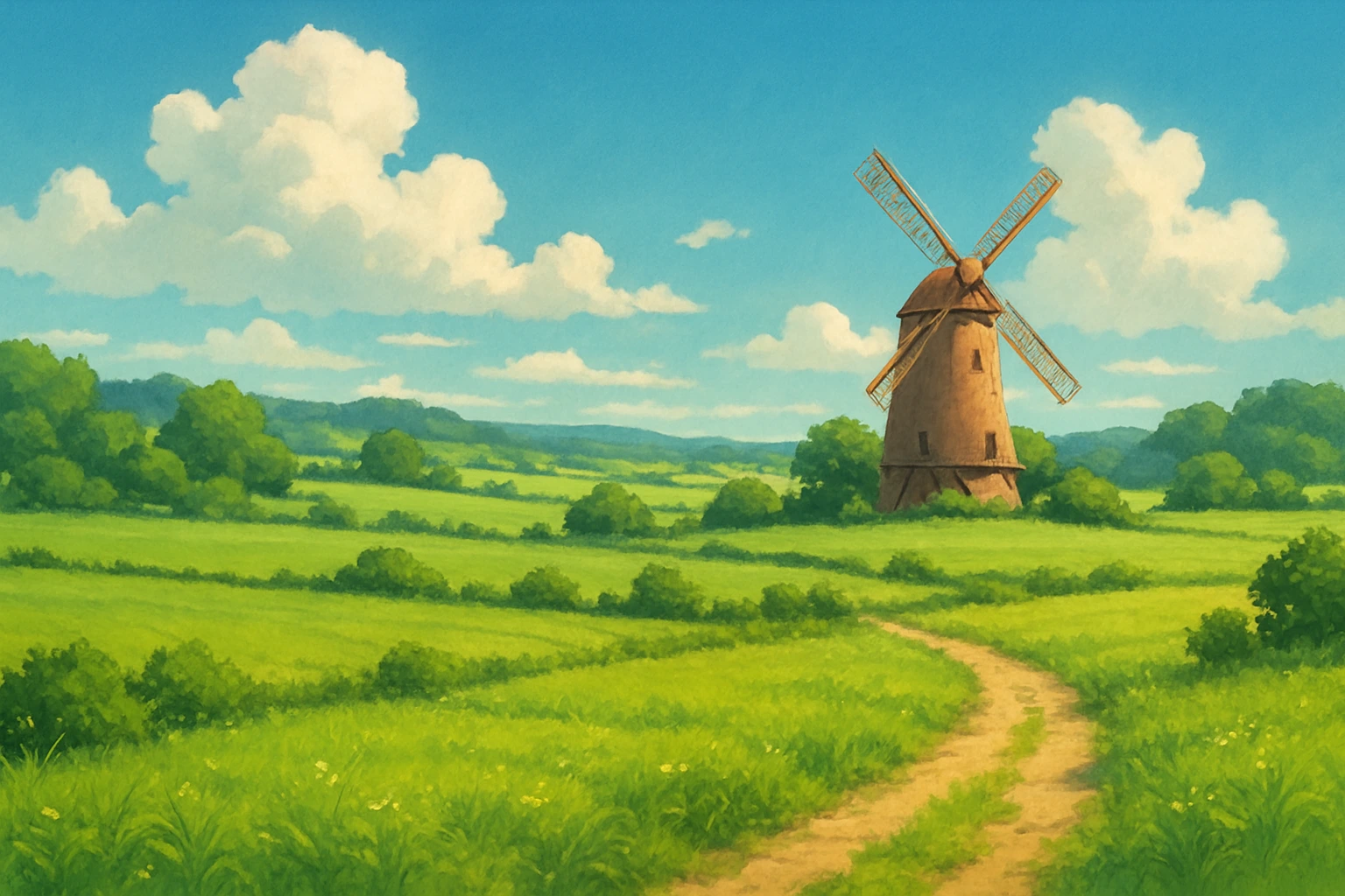 A serene countryside scene in Studio Ghibli style, featuring lush green fields, an old windmill in the distance, a few white clouds in the sky, and sunlight casting a warm and peaceful atmosphere over the landscape.