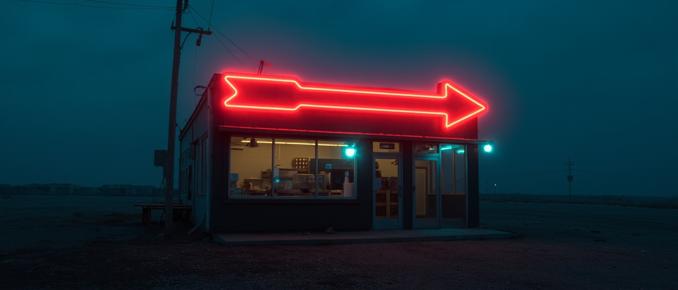 A deli in the middle of nowhere, an red neon arrow sign, ethereal portraiture, tonalist color scheme, pensive stillness, dark aquamarine and cyan