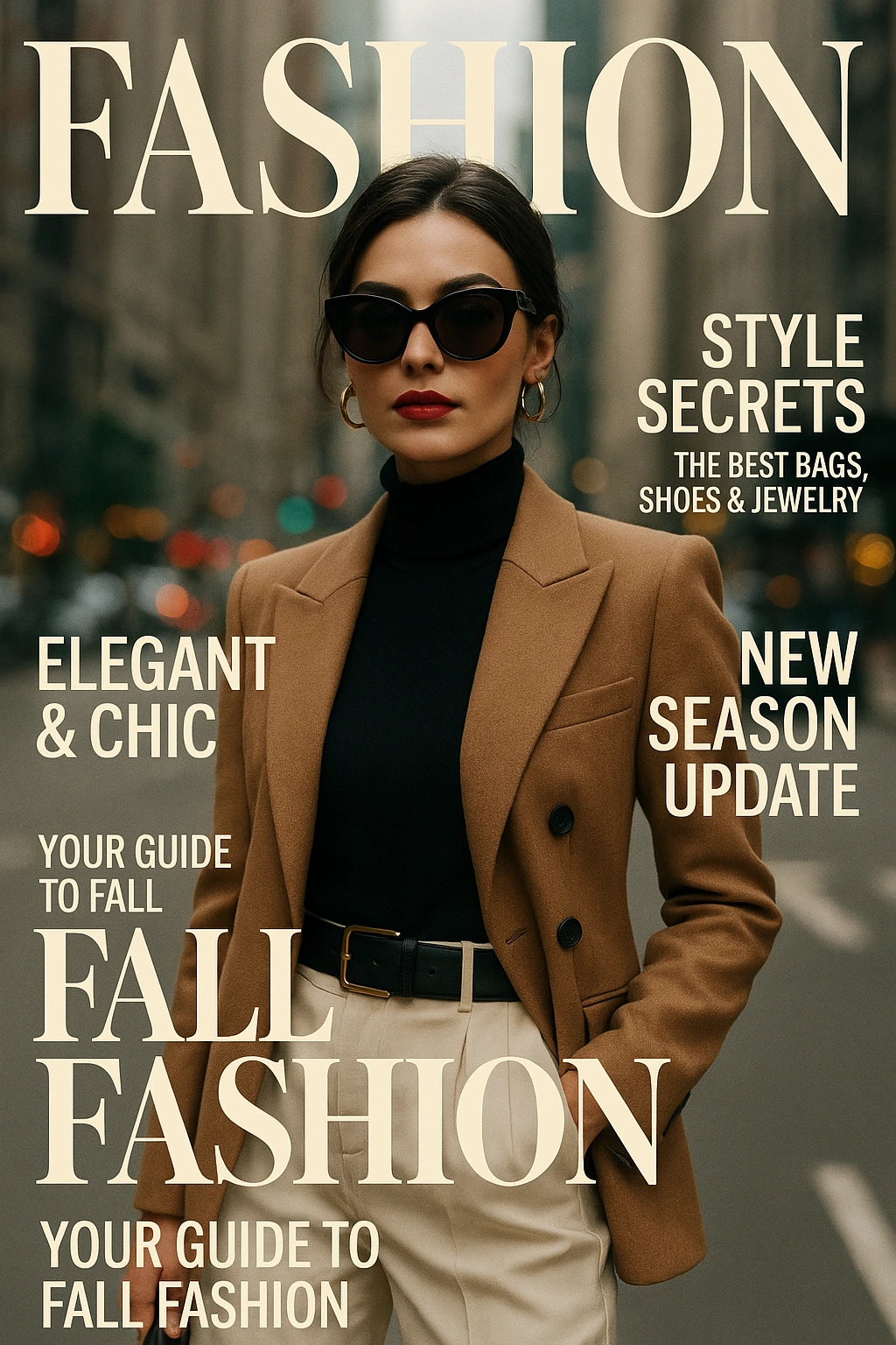 Create a fashion magazine cover featuring a stylish model in a modern, elegant outfit. The background should be a vibrant cityscape, with bold, eye-catching typography for the magazine title and headlines. Include elements of luxury and sophistication, with a focus on current fashion trends.