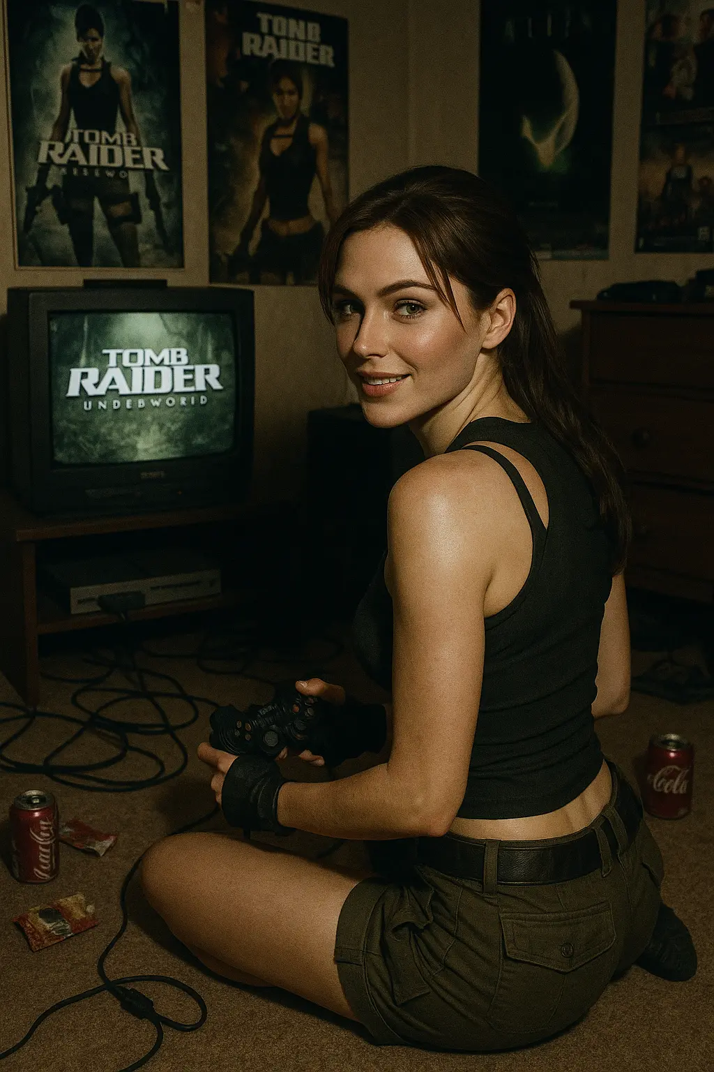 Lara Croft sits on a carpeted floor, holding a PS2 controller, smiling back at the camera in a nostalgic 2008 bedroom.