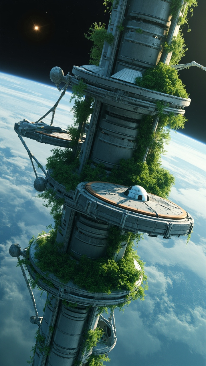 Silver and gray multi-tiered space station with green forests hanging off the edges, a landing pad attached to the side with a small spaceship parked. Floating in orbit of a light blue planet.