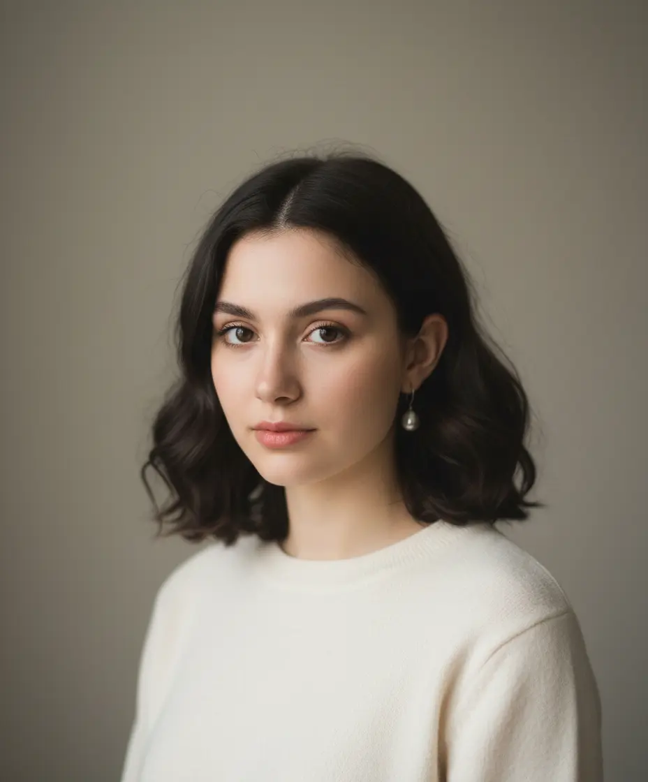 A realistic, front-facing portrait inspired by “Girl with a Pearl Earring,” reimagined in a modern, natural style. A young woman with soft, natural makeup, smooth skin, and expressive eyes looks directly at the camera. She wears a simple pearl earring and a contemporary outfit, with loose, casual hair. The lighting is soft and cinematic, with a neutral background, high detail, and photo-realistic rendering. - After